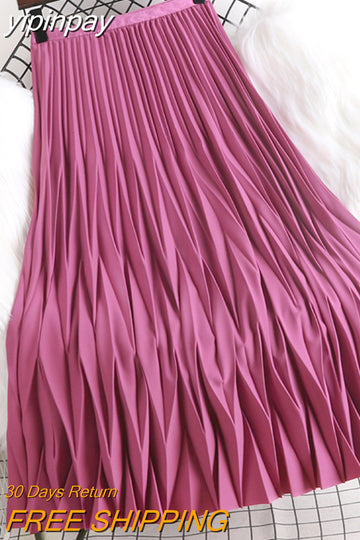 yipinpay 2023 Korean Summer Fashion Wave Pleated Long Midi Skirt Women Solid Color Casual Kawaii High Waist Mid-Calf Skirts